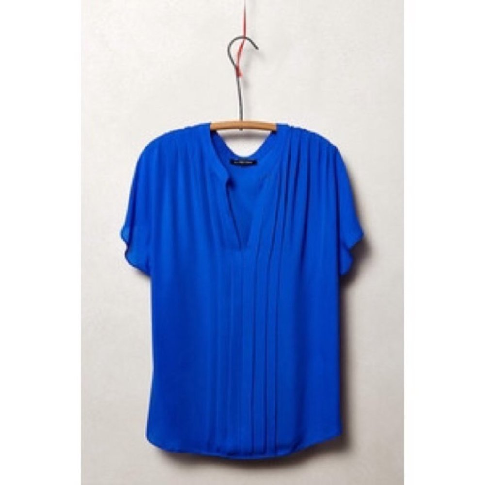 Anthro La Fee Vert blue pin tucked silk blouse L